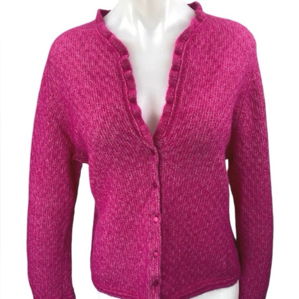 Sezane Pink Ruffle-Edge Button Cardigan Sweater L